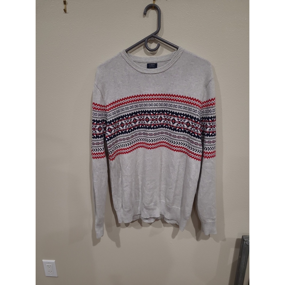 J.Crew Men's SZ M 100% cotton Grey red Navy Fair Isle Crewneck Sweater preppy